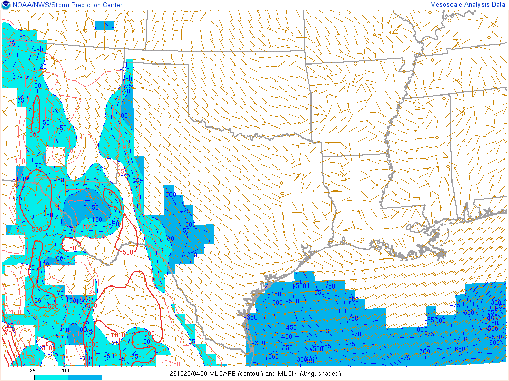 SPC mesoanalysis map, Mixed-layer CAPE and CIN, Southern Plains region, analysis for 04Z. Its key and units are in SPC’s picture; what it shows is described beside it.