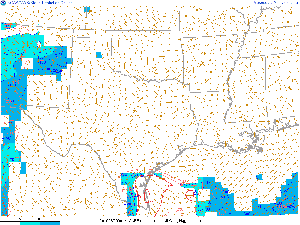 SPC mesoanalysis map, Mixed-layer CAPE and CIN, Southern Plains region, analysis for 08Z. Its key and units are in SPC’s picture; what it shows is described beside it.