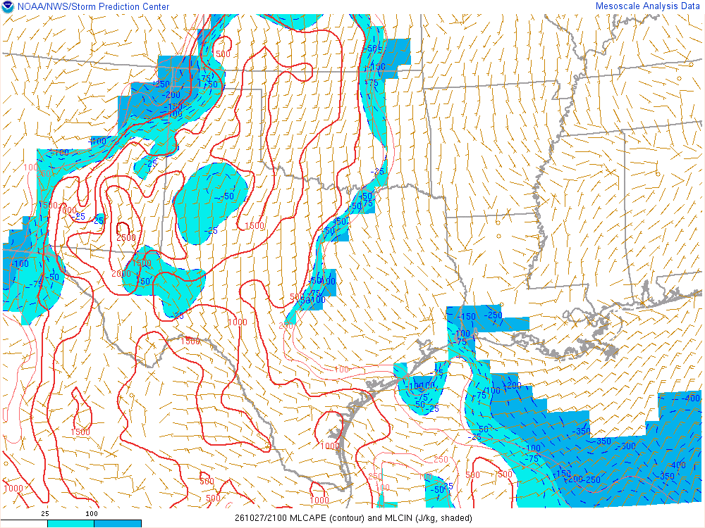 SPC mesoanalysis map, Mixed-layer CAPE and CIN, Southern Plains region, analysis for 21Z. Its key and units are in SPC’s picture; what it shows is described beside it.