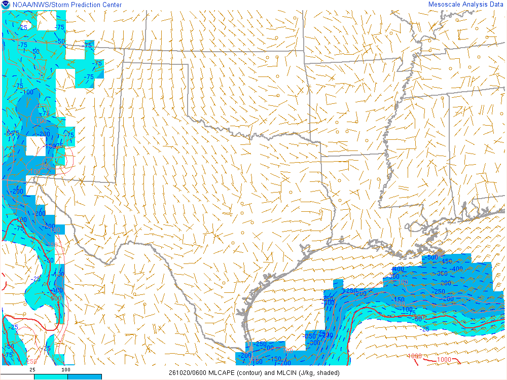 SPC mesoanalysis map, Mixed-layer CAPE and CIN, Southern Plains region, analysis for 06Z. Its key and units are in SPC’s picture; what it shows is described beside it.