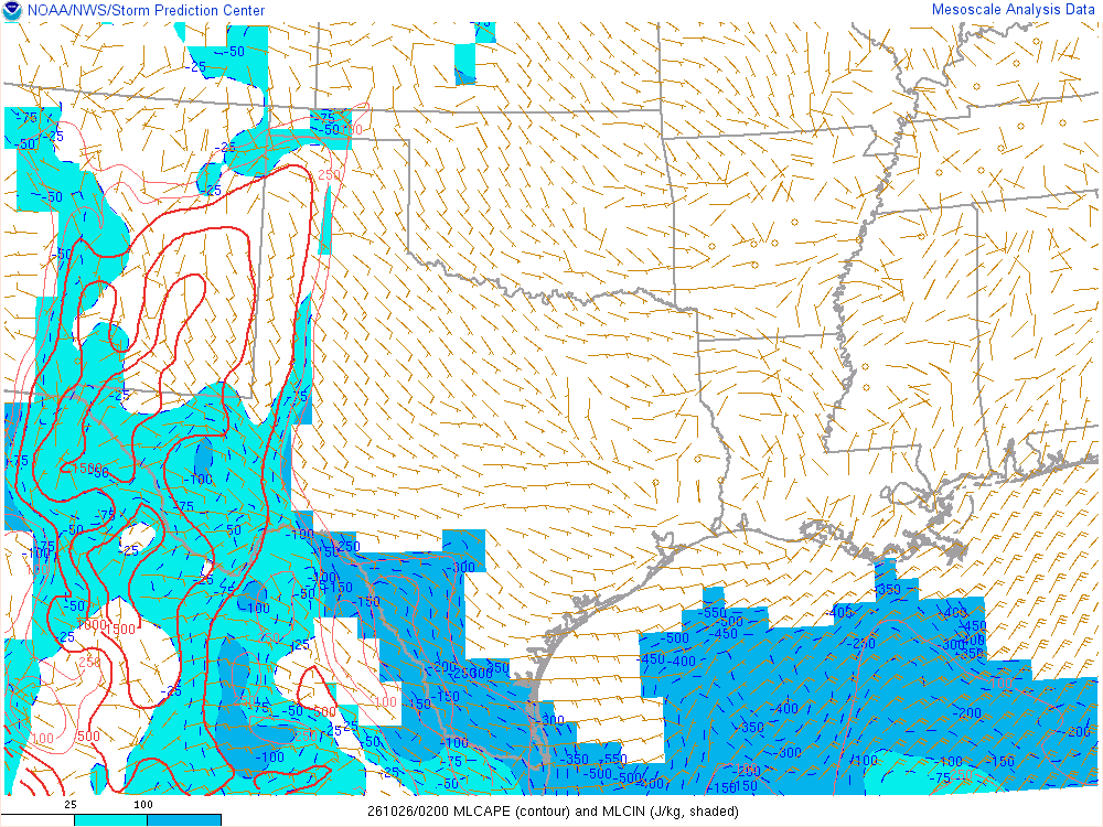 SPC mesoanalysis map, Mixed-layer CAPE and CIN, Southern Plains region, analysis for 02Z. Its key and units are in SPC’s picture; what it shows is described beside it.