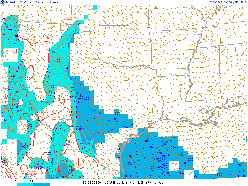 SPC mesoanalysis map, Mixed-layer CAPE and CIN, Southern Plains region, analysis for 01Z. Its key and units are in SPC’s picture; what it shows is described beside it.