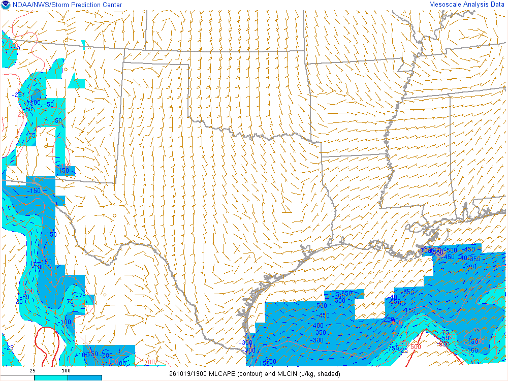 SPC mesoanalysis map, Mixed-layer CAPE and CIN, Southern Plains region, analysis for 19Z. Its key and units are in SPC’s picture; what it shows is described beside it.