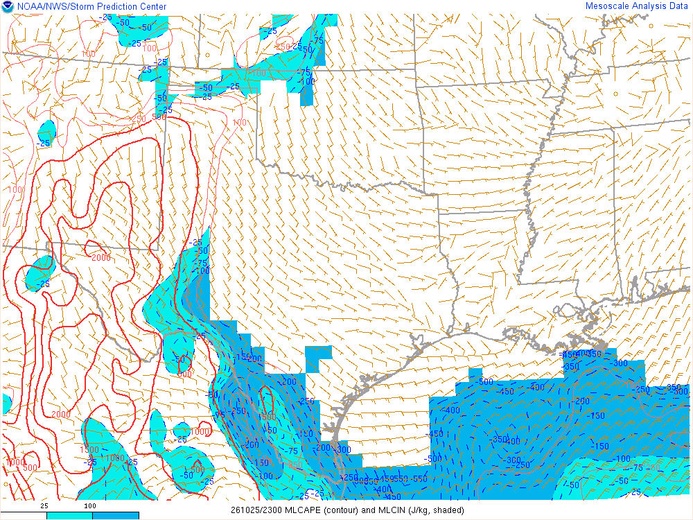 SPC mesoanalysis map, Mixed-layer CAPE and CIN, Southern Plains region, analysis for 23Z. Its key and units are in SPC’s picture; what it shows is described beside it.