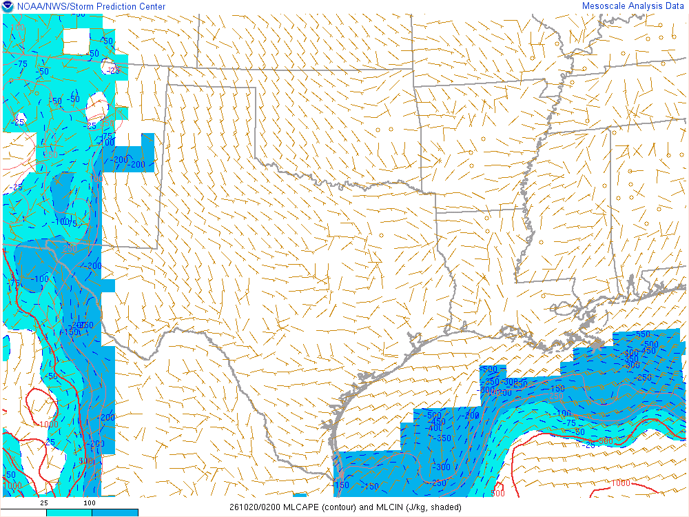 SPC mesoanalysis map, Mixed-layer CAPE and CIN, Southern Plains region, analysis for 02Z. Its key and units are in SPC’s picture; what it shows is described beside it.