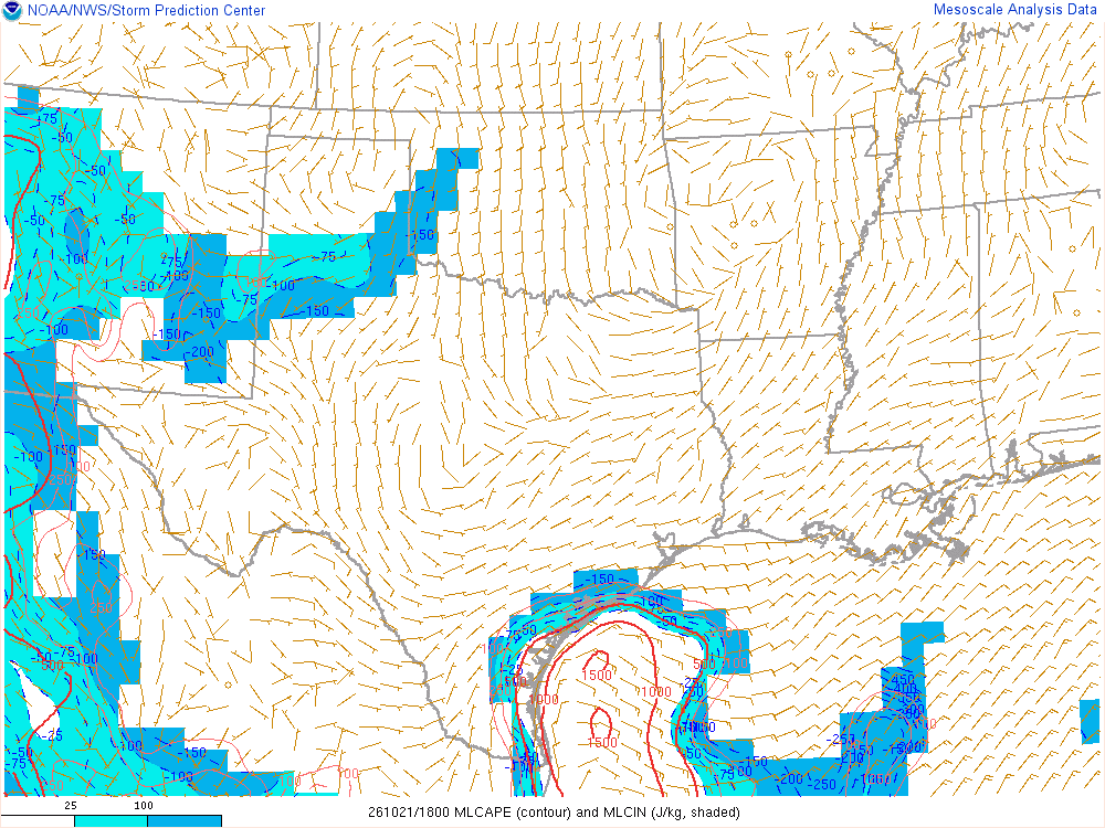 SPC mesoanalysis map, Mixed-layer CAPE and CIN, Southern Plains region, analysis for 18Z. Its key and units are in SPC’s picture; what it shows is described beside it.