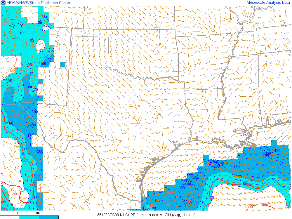 SPC mesoanalysis map, Mixed-layer CAPE and CIN, Southern Plains region, analysis for 03Z. Its key and units are in SPC’s picture; what it shows is described beside it.