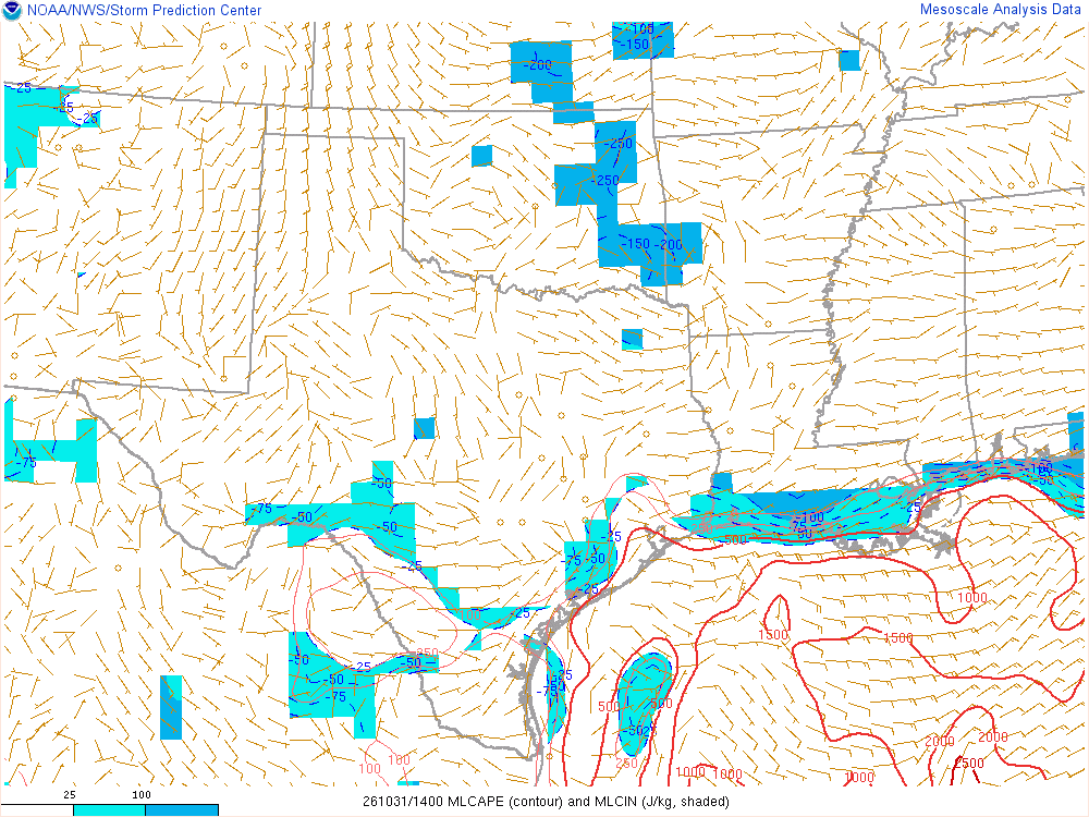 SPC mesoanalysis map, Mixed-layer CAPE and CIN, Southern Plains region, analysis for 14Z. Its key and units are in SPC’s picture; what it shows is described beside it.