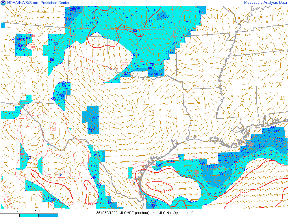 SPC mesoanalysis map, Mixed-layer CAPE and CIN, Southern Plains region, analysis for 10Z. Its key and units are in SPC’s picture; what it shows is described beside it.