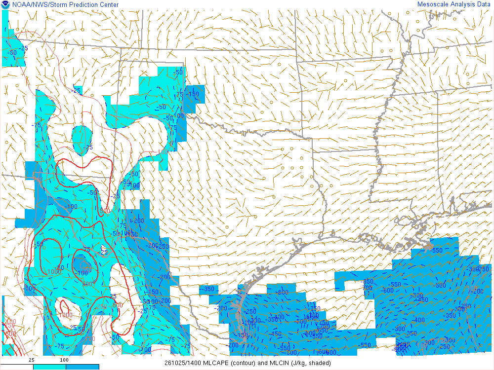SPC mesoanalysis map, Mixed-layer CAPE and CIN, Southern Plains region, analysis for 14Z. Its key and units are in SPC’s picture; what it shows is described beside it.
