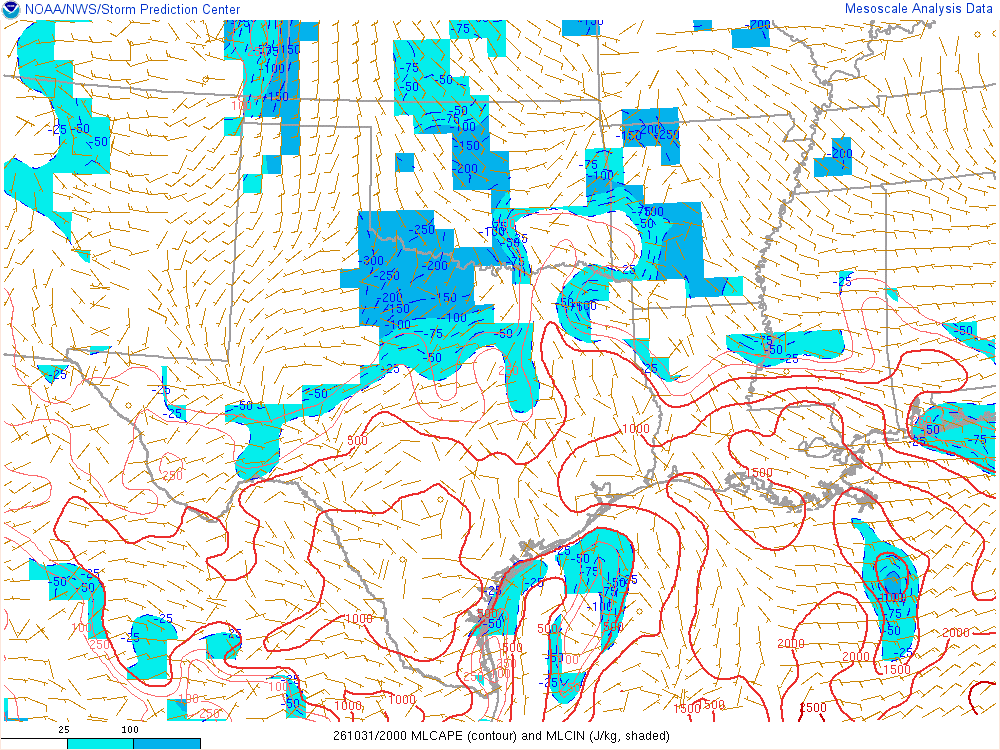 SPC mesoanalysis map, Mixed-layer CAPE and CIN, Southern Plains region, analysis for 20Z. Its key and units are in SPC’s picture; what it shows is described beside it.