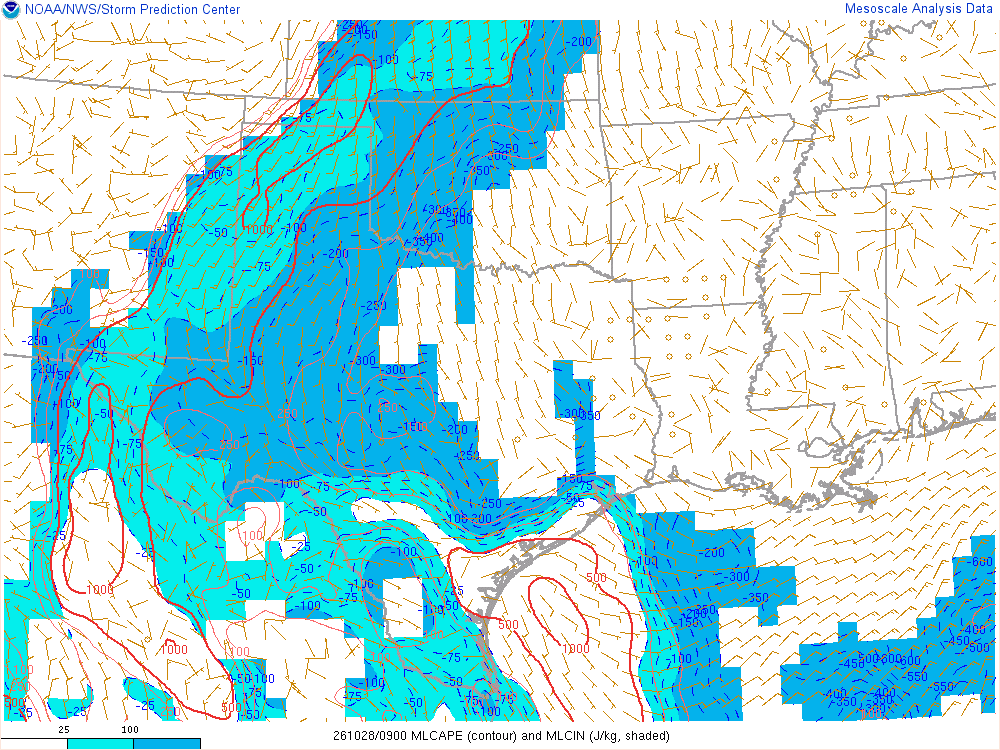 SPC mesoanalysis map, Mixed-layer CAPE and CIN, Southern Plains region, analysis for 09Z. Its key and units are in SPC’s picture; what it shows is described beside it.