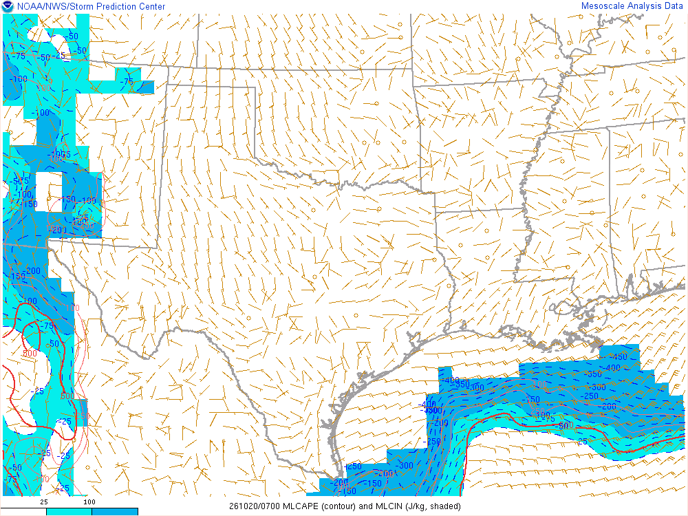 SPC mesoanalysis map, Mixed-layer CAPE and CIN, Southern Plains region, analysis for 07Z. Its key and units are in SPC’s picture; what it shows is described beside it.