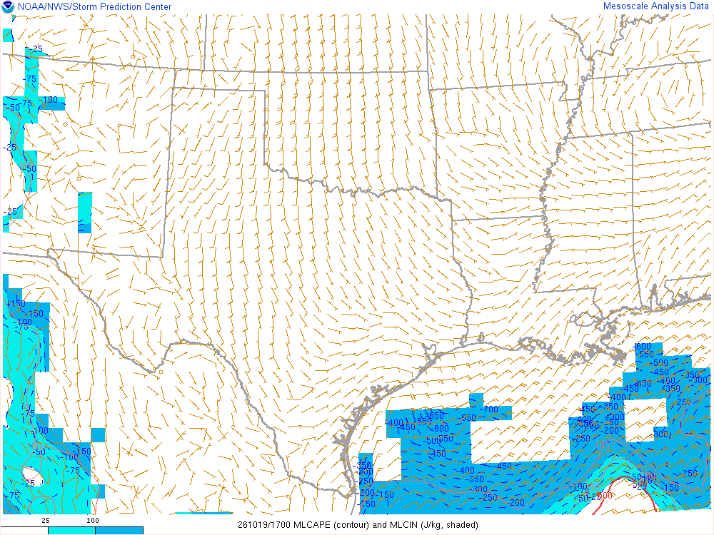 SPC mesoanalysis map, Mixed-layer CAPE and CIN, Southern Plains region, analysis for 17Z. Its key and units are in SPC’s picture; what it shows is described beside it.