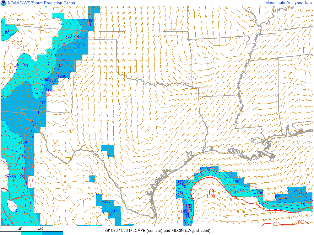SPC mesoanalysis map, Mixed-layer CAPE and CIN, Southern Plains region, analysis for 18Z. Its key and units are in SPC’s picture; what it shows is described beside it.