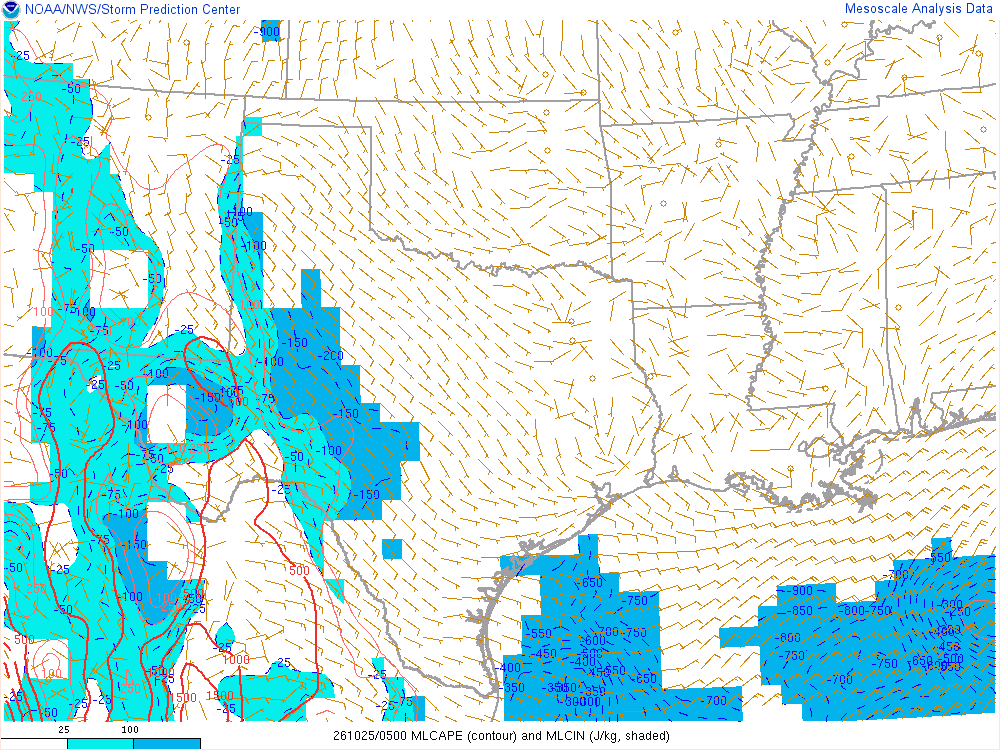 SPC mesoanalysis map, Mixed-layer CAPE and CIN, Southern Plains region, analysis for 05Z. Its key and units are in SPC’s picture; what it shows is described beside it.