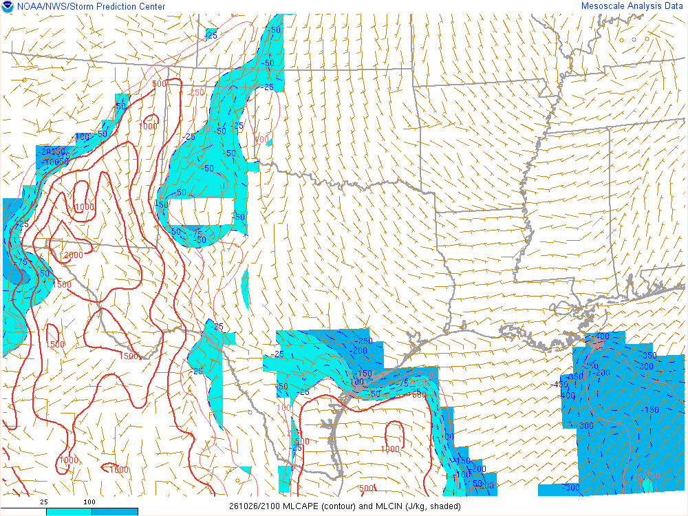 SPC mesoanalysis map, Mixed-layer CAPE and CIN, Southern Plains region, analysis for 21Z. Its key and units are in SPC’s picture; what it shows is described beside it.