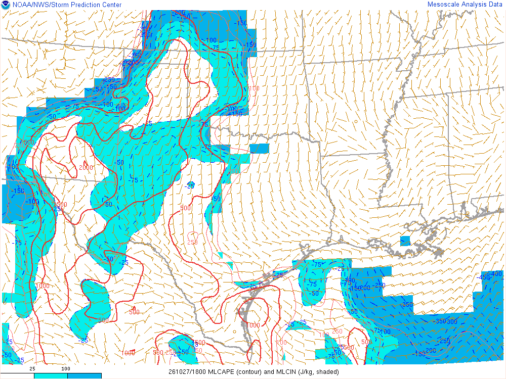 SPC mesoanalysis map, Mixed-layer CAPE and CIN, Southern Plains region, analysis for 18Z. Its key and units are in SPC’s picture; what it shows is described beside it.