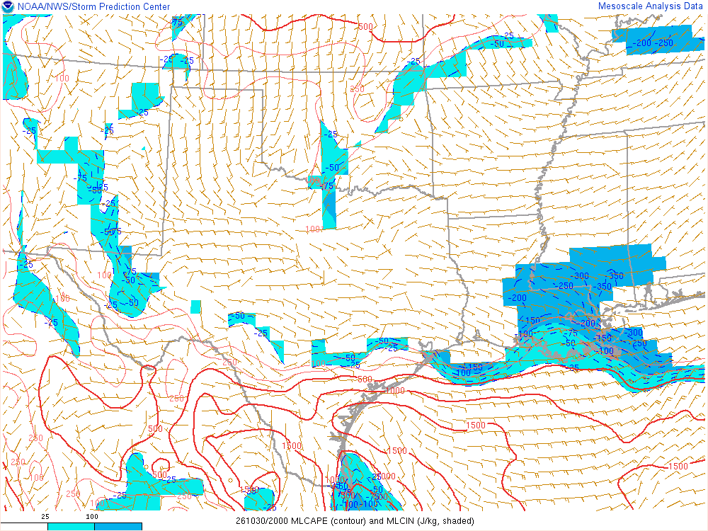 SPC mesoanalysis map, Mixed-layer CAPE and CIN, Southern Plains region, analysis for 20Z. Its key and units are in SPC’s picture; what it shows is described beside it.