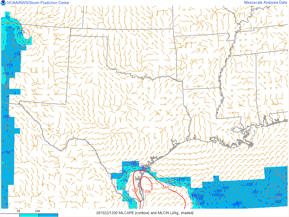 SPC mesoanalysis map, Mixed-layer CAPE and CIN, Southern Plains region, analysis for 12Z. Its key and units are in SPC’s picture; what it shows is described beside it.