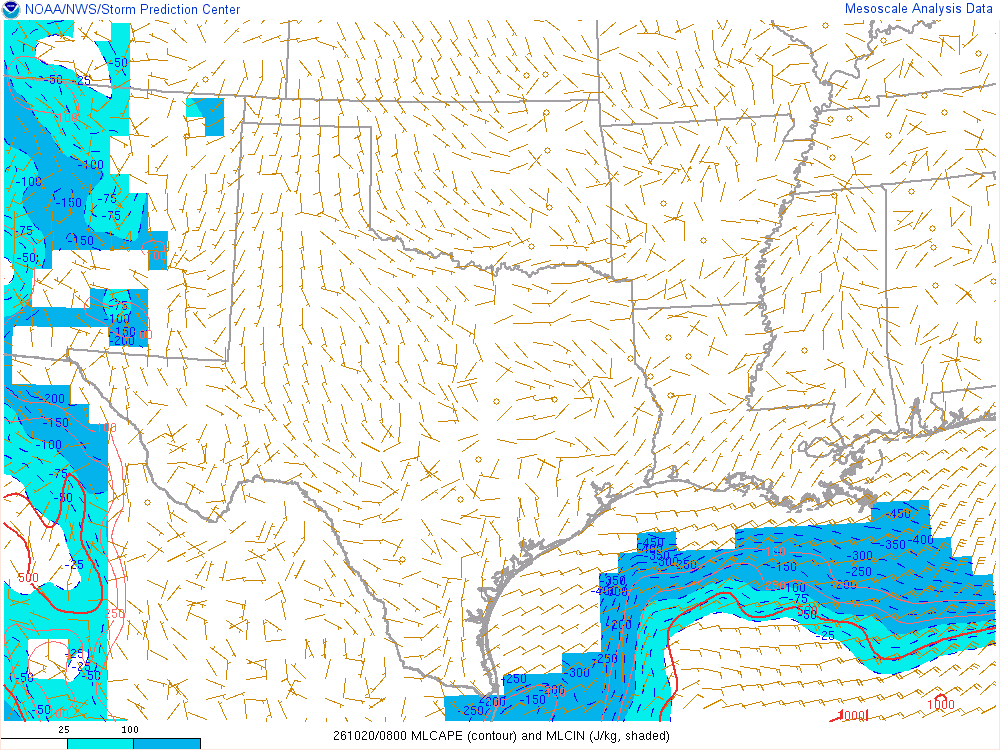 SPC mesoanalysis map, Mixed-layer CAPE and CIN, Southern Plains region, analysis for 08Z. Its key and units are in SPC’s picture; what it shows is described beside it.