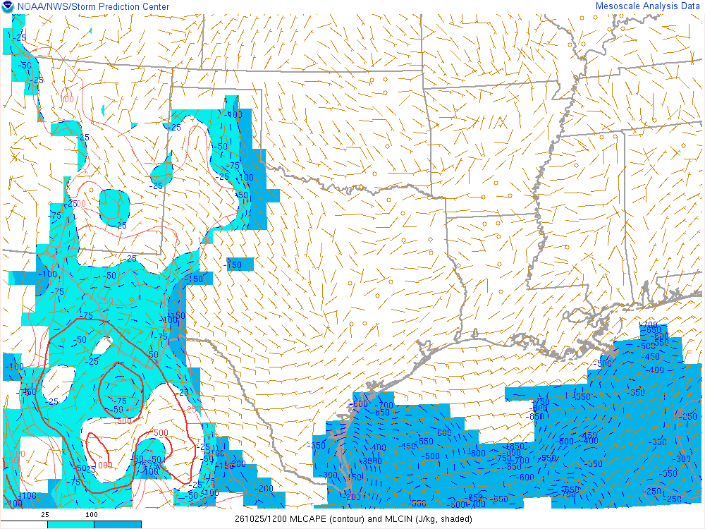 SPC mesoanalysis map, Mixed-layer CAPE and CIN, Southern Plains region, analysis for 12Z. Its key and units are in SPC’s picture; what it shows is described beside it.