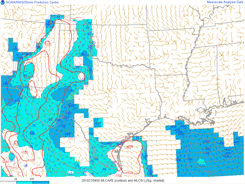 SPC mesoanalysis map, Mixed-layer CAPE and CIN, Southern Plains region, analysis for 04Z. Its key and units are in SPC’s picture; what it shows is described beside it.