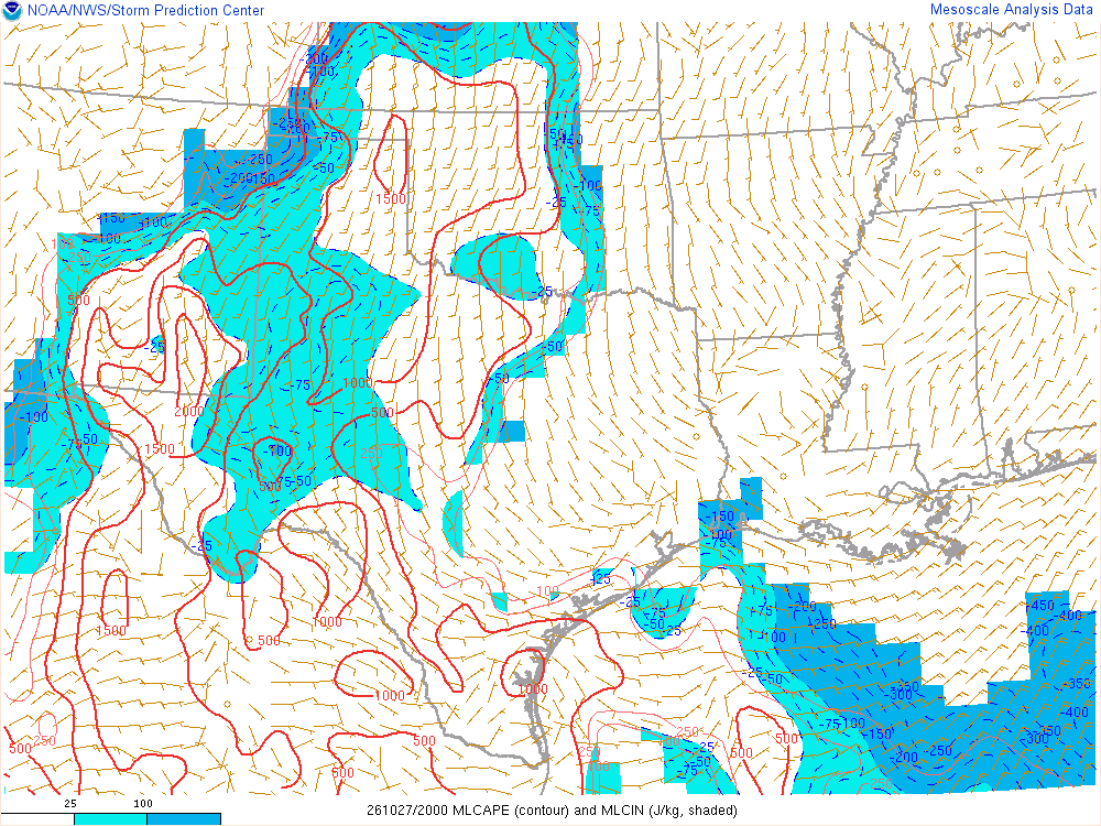 SPC mesoanalysis map, Mixed-layer CAPE and CIN, Southern Plains region, analysis for 20Z. Its key and units are in SPC’s picture; what it shows is described beside it.