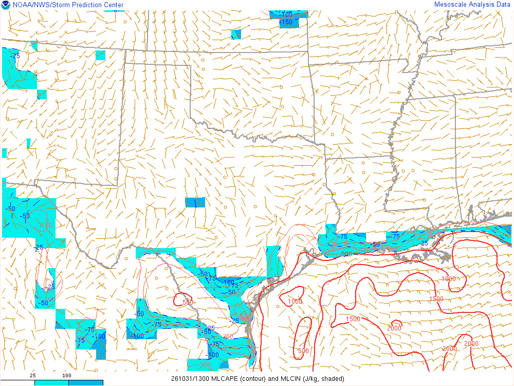 SPC mesoanalysis map, Mixed-layer CAPE and CIN, Southern Plains region, analysis for 13Z. Its key and units are in SPC’s picture; what it shows is described beside it.