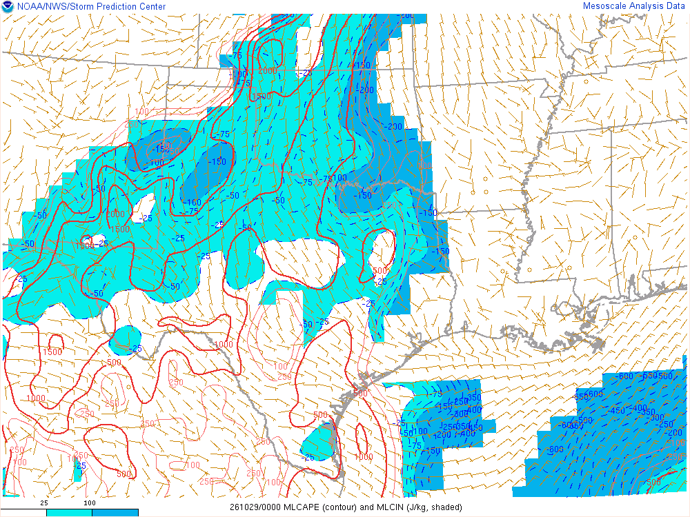 SPC mesoanalysis map, Mixed-layer CAPE and CIN, Southern Plains region, analysis for 00Z. Its key and units are in SPC’s picture; what it shows is described beside it.