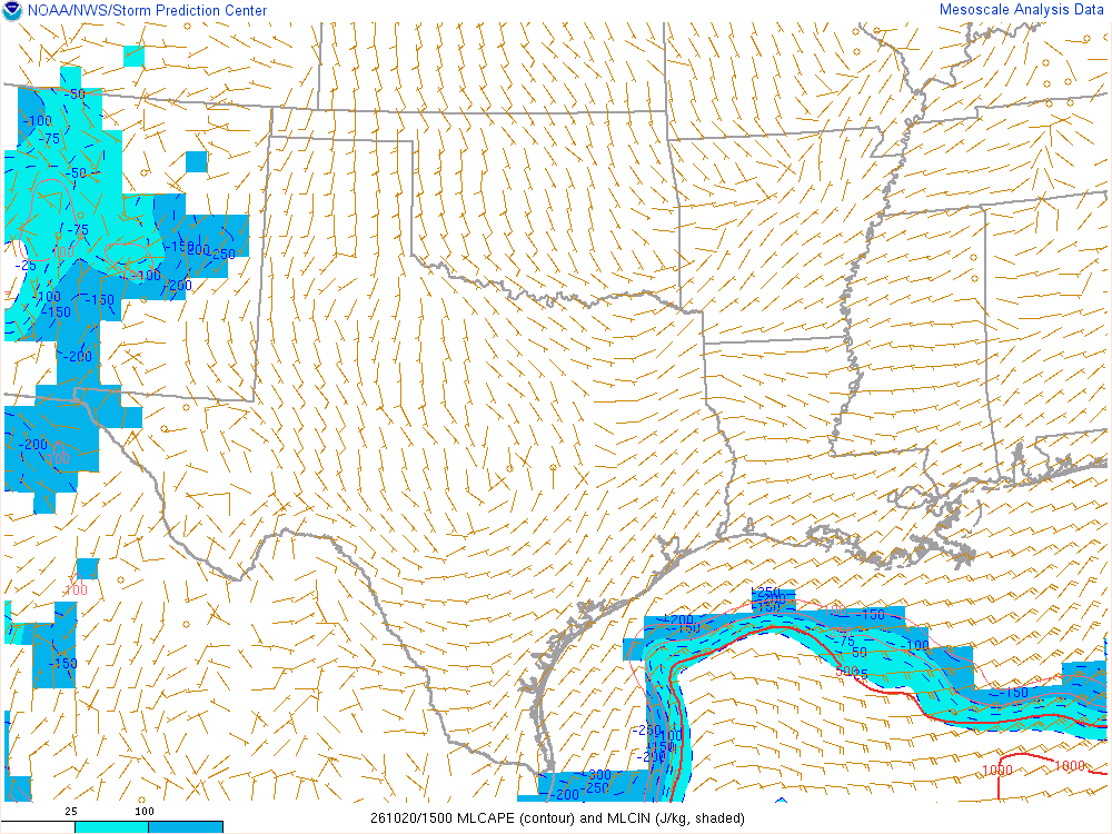 SPC mesoanalysis map, Mixed-layer CAPE and CIN, Southern Plains region, analysis for 15Z. Its key and units are in SPC’s picture; what it shows is described beside it.