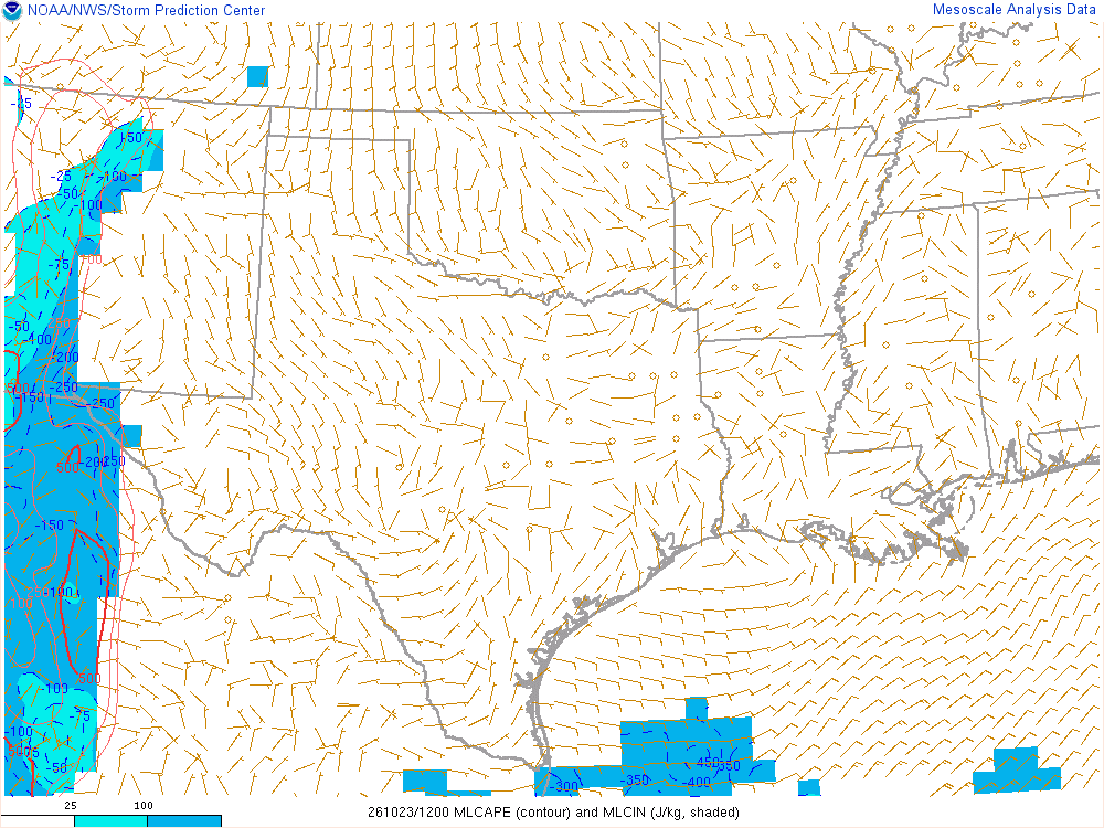 SPC mesoanalysis map, Mixed-layer CAPE and CIN, Southern Plains region, analysis for 12Z. Its key and units are in SPC’s picture; what it shows is described beside it.