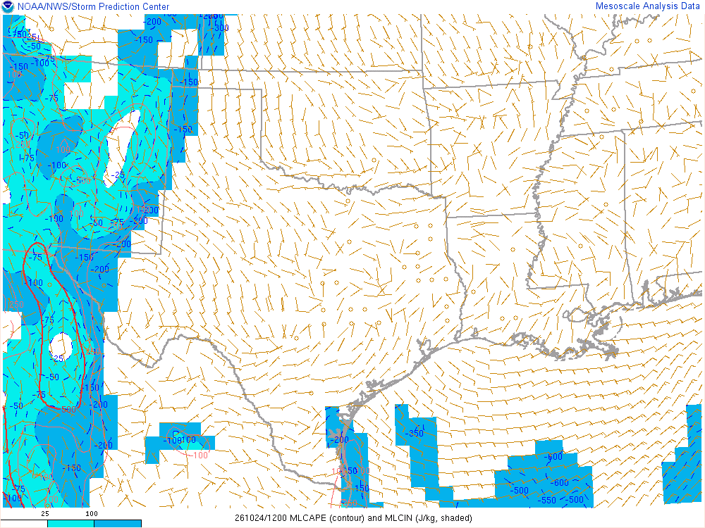 SPC mesoanalysis map, Mixed-layer CAPE and CIN, Southern Plains region, analysis for 12Z. Its key and units are in SPC’s picture; what it shows is described beside it.