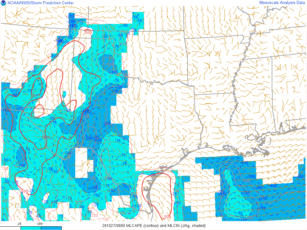 SPC mesoanalysis map, Mixed-layer CAPE and CIN, Southern Plains region, analysis for 08Z. Its key and units are in SPC’s picture; what it shows is described beside it.