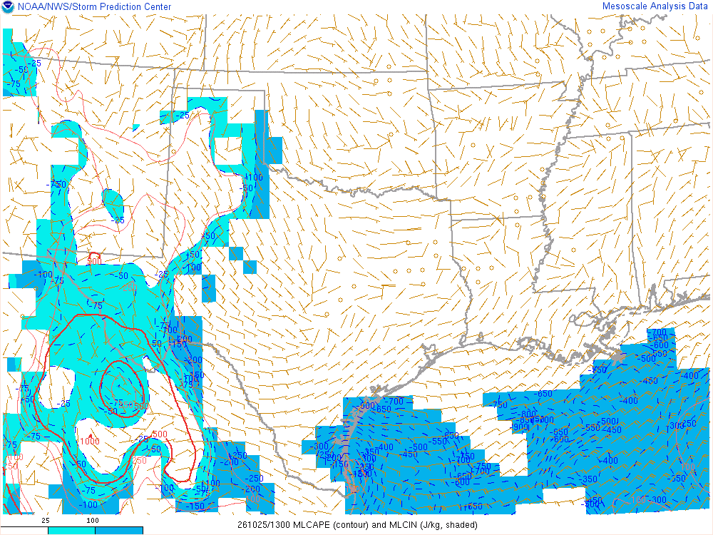 SPC mesoanalysis map, Mixed-layer CAPE and CIN, Southern Plains region, analysis for 13Z. Its key and units are in SPC’s picture; what it shows is described beside it.