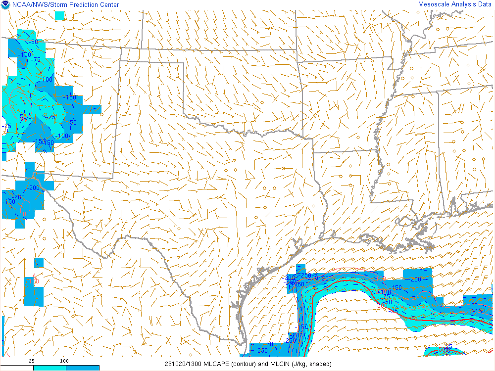 SPC mesoanalysis map, Mixed-layer CAPE and CIN, Southern Plains region, analysis for 13Z. Its key and units are in SPC’s picture; what it shows is described beside it.