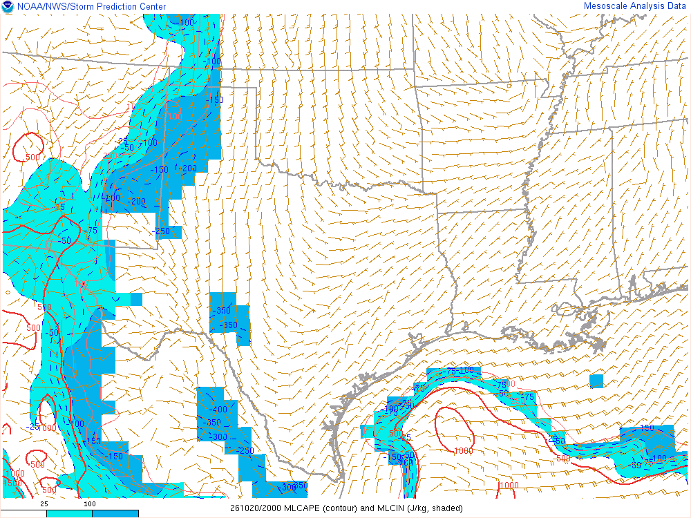 SPC mesoanalysis map, Mixed-layer CAPE and CIN, Southern Plains region, analysis for 20Z. Its key and units are in SPC’s picture; what it shows is described beside it.