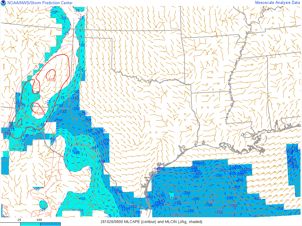 SPC mesoanalysis map, Mixed-layer CAPE and CIN, Southern Plains region, analysis for 08Z. Its key and units are in SPC’s picture; what it shows is described beside it.