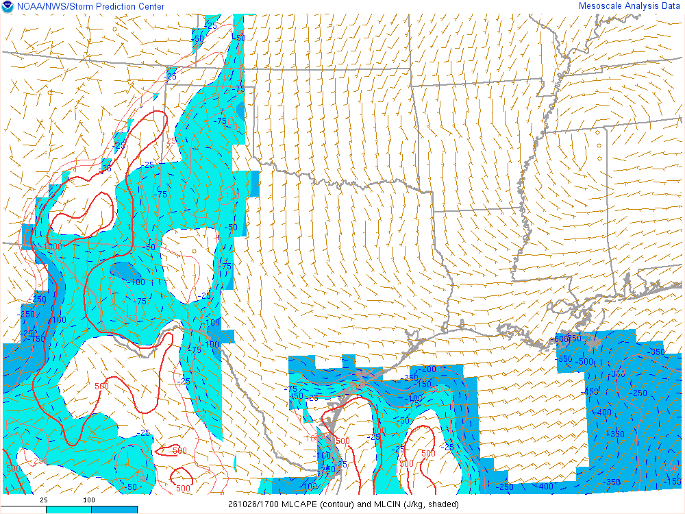 SPC mesoanalysis map, Mixed-layer CAPE and CIN, Southern Plains region, analysis for 17Z. Its key and units are in SPC’s picture; what it shows is described beside it.