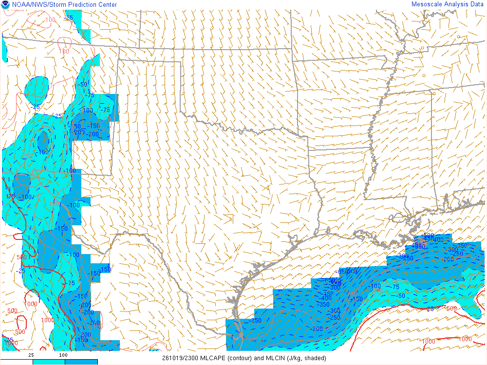 SPC mesoanalysis map, Mixed-layer CAPE and CIN, Southern Plains region, analysis for 23Z. Its key and units are in SPC’s picture; what it shows is described beside it.