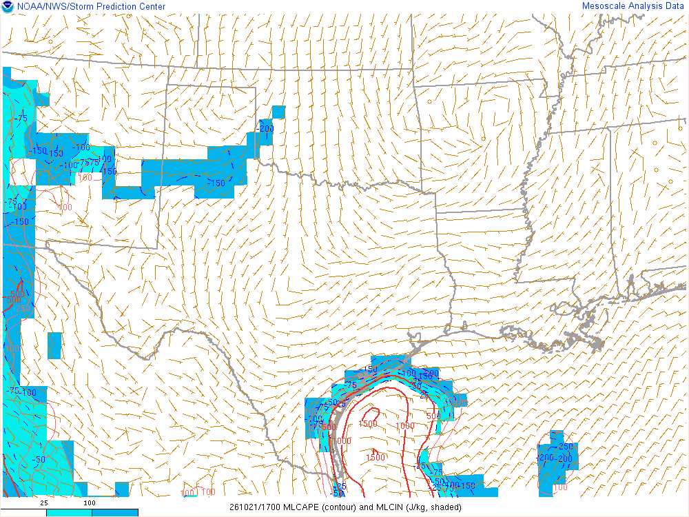 SPC mesoanalysis map, Mixed-layer CAPE and CIN, Southern Plains region, analysis for 17Z. Its key and units are in SPC’s picture; what it shows is described beside it.