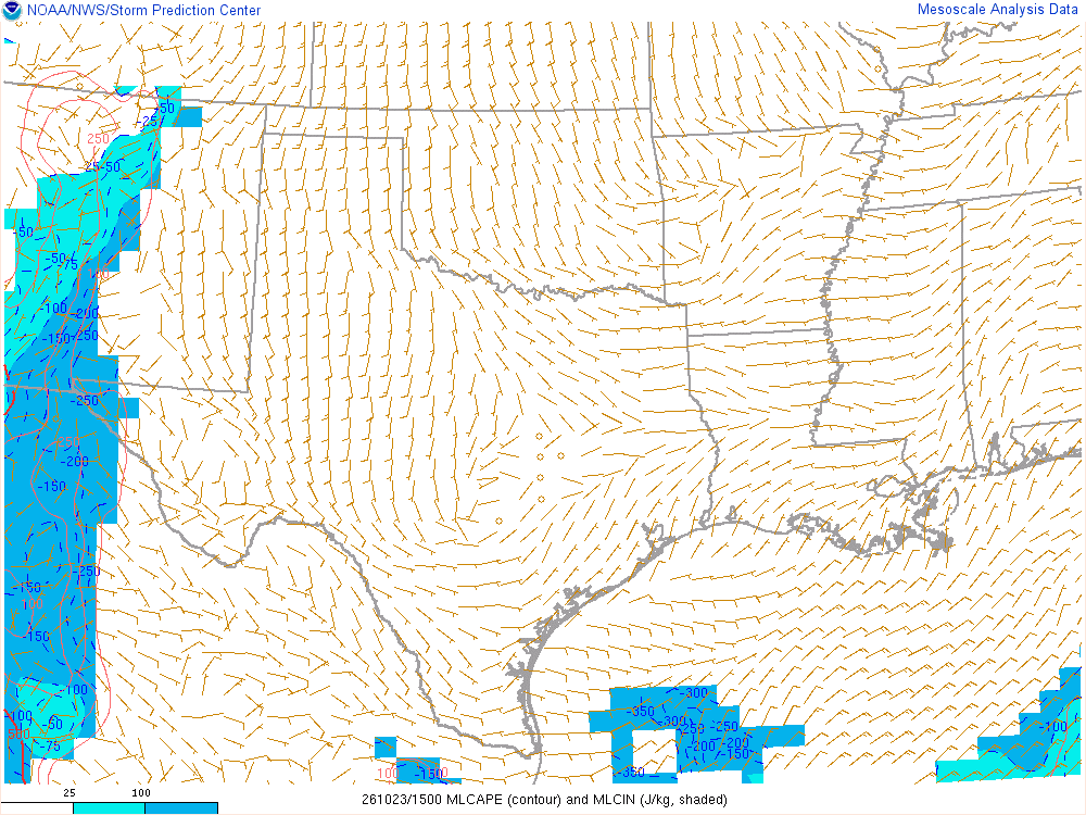SPC mesoanalysis map, Mixed-layer CAPE and CIN, Southern Plains region, analysis for 15Z. Its key and units are in SPC’s picture; what it shows is described beside it.
