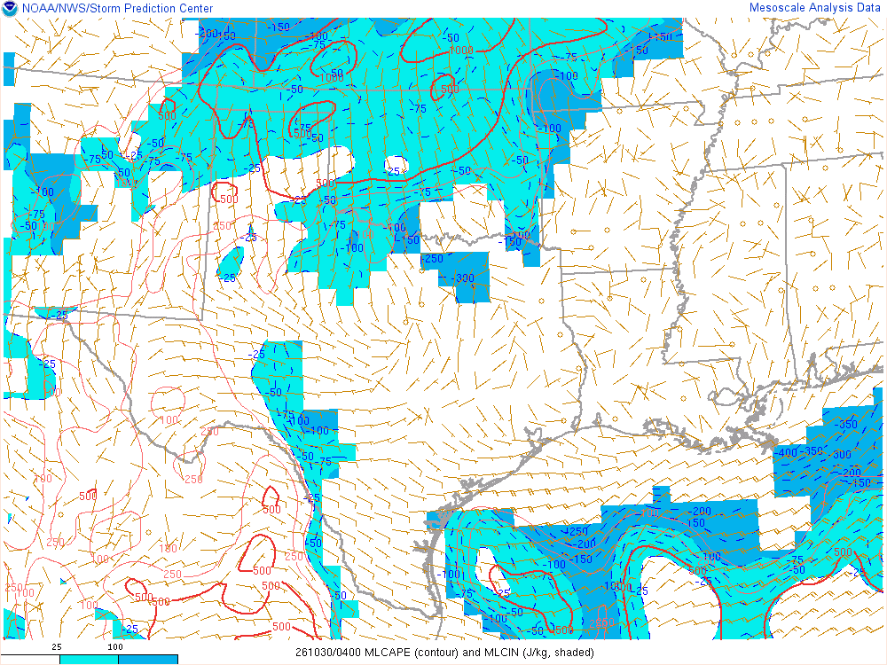 SPC mesoanalysis map, Mixed-layer CAPE and CIN, Southern Plains region, analysis for 04Z. Its key and units are in SPC’s picture; what it shows is described beside it.