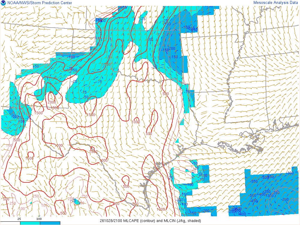 SPC mesoanalysis map, Mixed-layer CAPE and CIN, Southern Plains region, analysis for 21Z. Its key and units are in SPC’s picture; what it shows is described beside it.