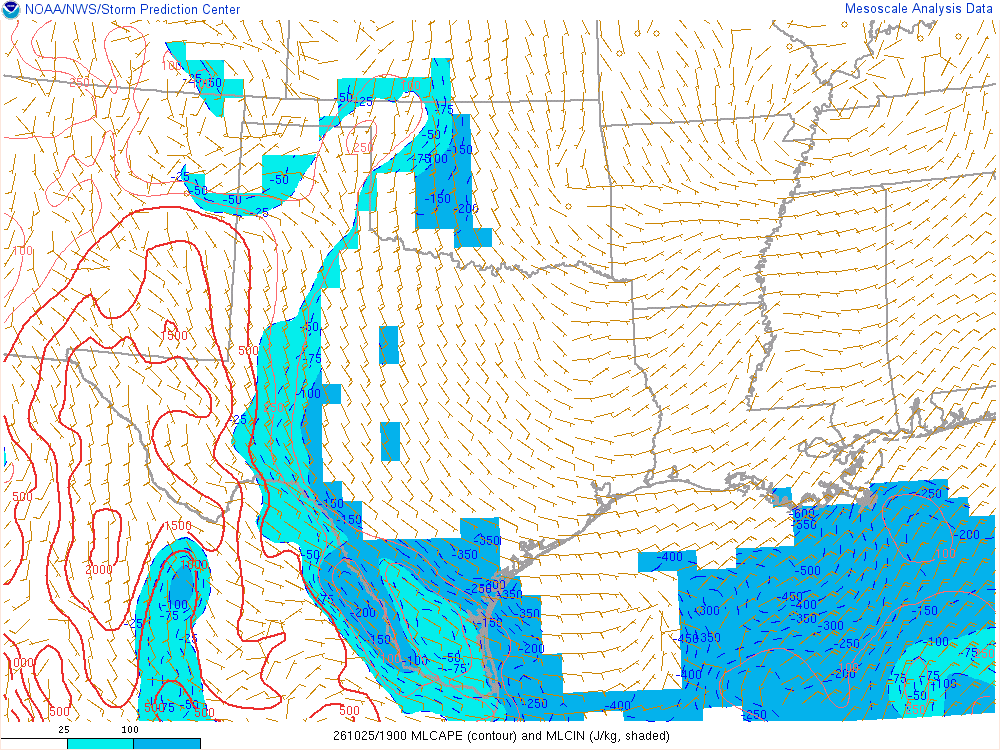 SPC mesoanalysis map, Mixed-layer CAPE and CIN, Southern Plains region, analysis for 19Z. Its key and units are in SPC’s picture; what it shows is described beside it.