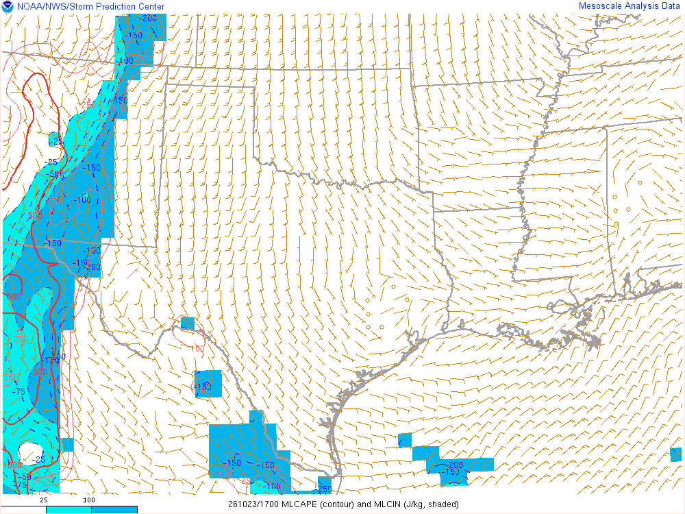 SPC mesoanalysis map, Mixed-layer CAPE and CIN, Southern Plains region, analysis for 17Z. Its key and units are in SPC’s picture; what it shows is described beside it.