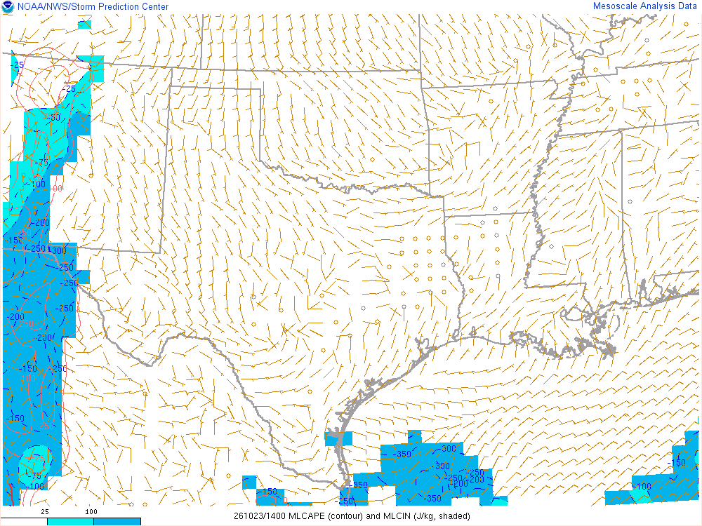 SPC mesoanalysis map, Mixed-layer CAPE and CIN, Southern Plains region, analysis for 14Z. Its key and units are in SPC’s picture; what it shows is described beside it.