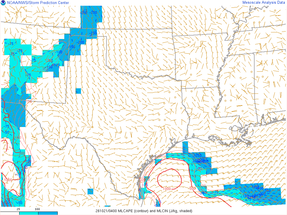 SPC mesoanalysis map, Mixed-layer CAPE and CIN, Southern Plains region, analysis for 04Z. Its key and units are in SPC’s picture; what it shows is described beside it.