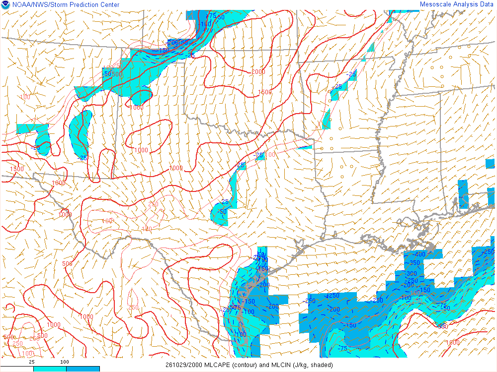 SPC mesoanalysis map, Mixed-layer CAPE and CIN, Southern Plains region, analysis for 20Z. Its key and units are in SPC’s picture; what it shows is described beside it.