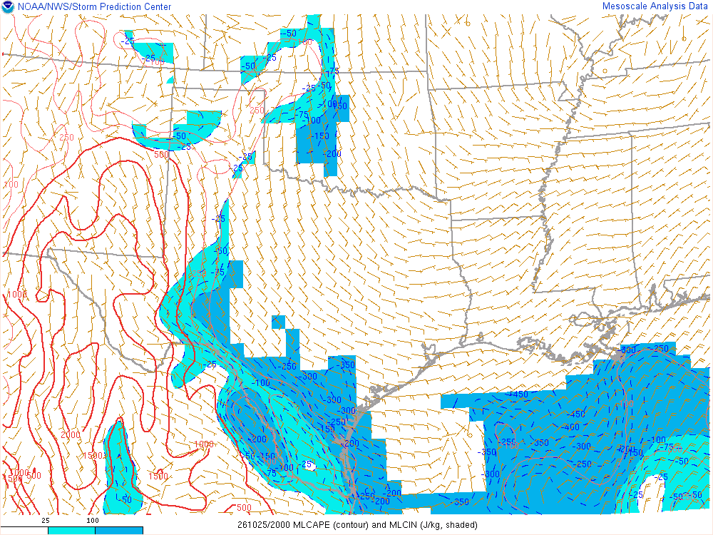 SPC mesoanalysis map, Mixed-layer CAPE and CIN, Southern Plains region, analysis for 20Z. Its key and units are in SPC’s picture; what it shows is described beside it.